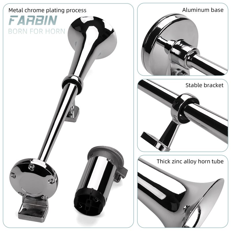 FARBIN مجموعة بوق هوائي FARBIN 12V 150db، بوق شاحنة أحادي بقطر 18 بوصة من الكروم والزنك، بوق قطار مع ضاغط لأي مركبة 12V - Image 4